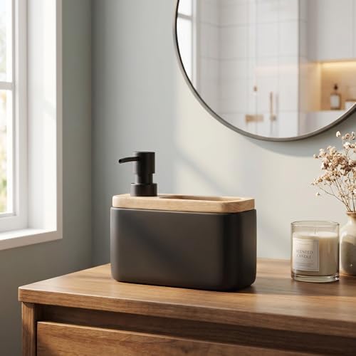 2-in-1 Ceramic Soap Dispenser with Sponge Holder,Black,17 Oz