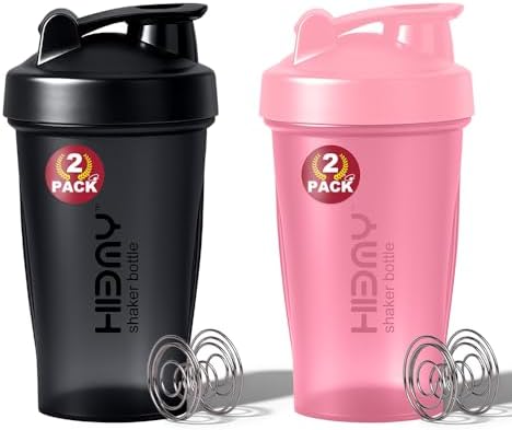 [ 2 Pack 400 ml / 12 OZ Protein Shaker Bottles for Protein Mixes, 2 x Whisk Ball | Shaker Cups for Protein Shakes | BPA Free, 100% Leak Proof, No Smell | Small Shake Bottle (E) Black/Pink by Unknown