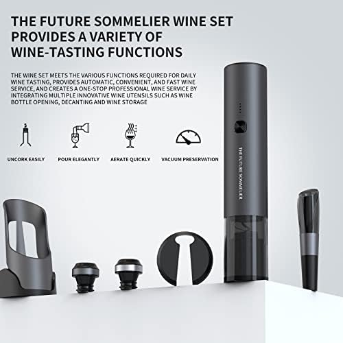 Rechargeable Electric Wine Bottle Opener Set 7-in-1 Aluminum Alloy Wine Gift Set with 2-in-1 Electric Corkscrew & Vacuum Pump, Foil Cutter, Wine Pourer, Charging Base and 2 Wine Stoppers