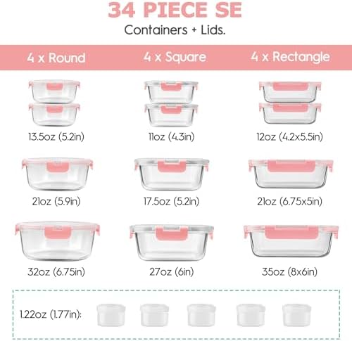 34pcs Glass Food Storage Containers with Lids Set, Airtight Glass Meal Prep Containers (17 Containers & 17 Lids), Leak Proof Lunch Container BPA-Free, Microwave, Oven, Freezer, Dishwasher Safe-PINK