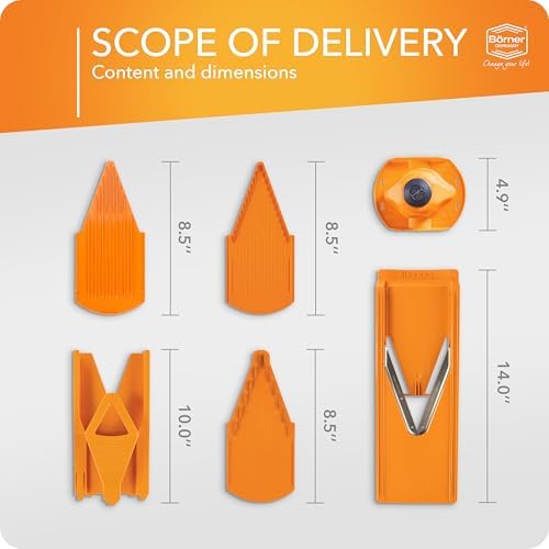 Mandoline Slicer V3 (Starter Set) • V-Slicer for 5 Cutting Styles with Fruit Holder • Adjustable Vegetable Slicer for Vegetables & Fruits • Stainless Steel V-Blade • Color: Orange