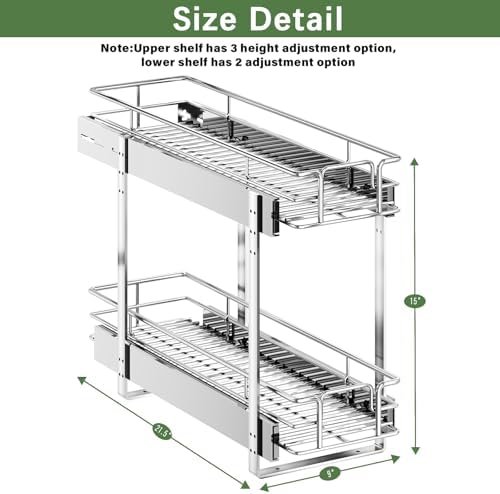 2 Tier Individual Pull Out Cabinet Organizer 9" W x 21½" D, Slide Out Kitchen Cabinet Storage Sliding Shelves