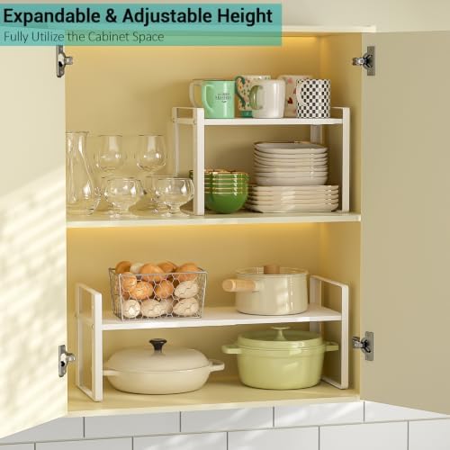 2 Pack Expandable Cabinet Organizer Shelves, 88lbs High Weight Capacity, Stackable Heavy-Duty Metal Storage Rack, Adjustable Cabinet Shelf for Kitchen, Pantry, Cupboard, Under Sink, White