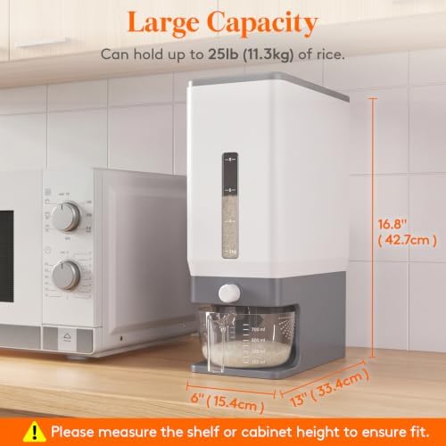 Rice Container 25 Lbs, One-Press Dispenser with Measuring Cup