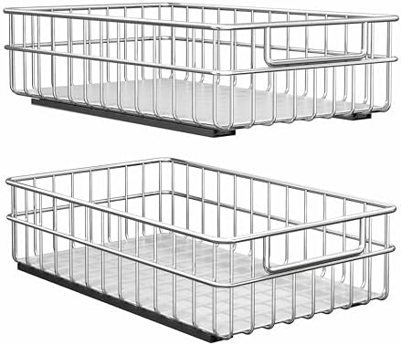 Pull out Cabinet Organizer, Stainless Steel 2-Pack Slide out Drawer with Silent Full-Extension Slides, Adhesive Roll out Can Spice Storage Basket Shelf Rack for Pantry, Kitchen, Bathroom, Home Closet
