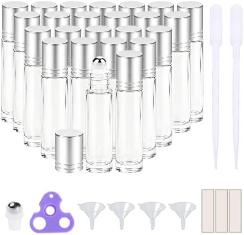 PrettyCare Set of 24, 10 ml Essential Oil Roller Bottles with Stainless Steel Roller Ball - Refillable Leak-proof Empty Thick Clear Glass Roll on Bottles with Silver Metal Caps for Travel, Perfume by PrettyCare