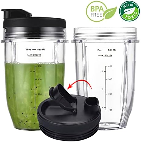 [Upgraded] Replacement 18oz Cups for Nutri Ninja Blenders, Blender Replacement Parts with Upgraded Lid For Auto-IQ BL480, BL482, BL490, BL640, BL642, & BL680 Auto IQ Series Blenders., 2 Pack