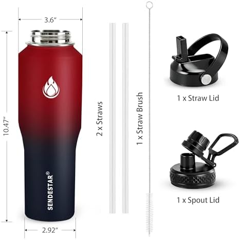 32oz Water Bottle Wide Mouth Stainless Steel Vacuum Insulated Double Wall with 2 Straw Lids Fit in Any Car Cup Holder