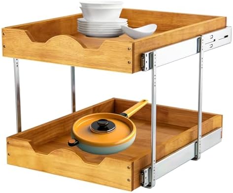 2 Tier Wood Pull Out Cabinet Organizer (17" W x 18" D) Heavy-Duty Metal Sliding Drawer Shelf, Two Tier Pull Out Shelves for Kitchen Cabinets, Pantry, Bathroom…