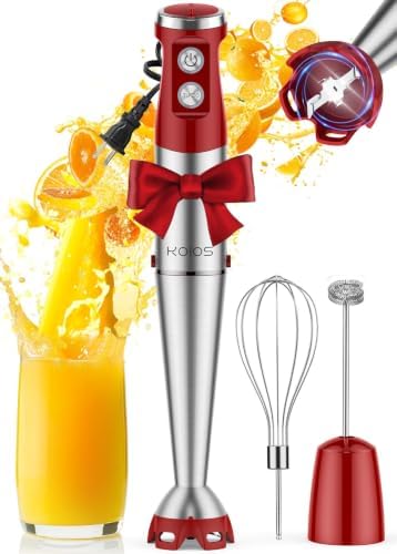 KOIOS Immersion Blender, 1000W Anti-scratch 3-in-1 Hand Blender, Upgraded 12 Speed Stainless Steel Blade Stick Blender with Turbo Mode, Whisk and Milk Frother, Non-BPA, Red by KOIOS