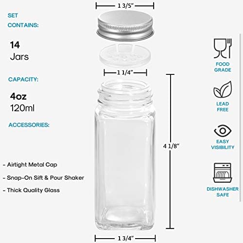 14 Pcs Glass Spice Jars with Spice Labels - 4oz Empty Square Spice Bottles - Shaker Lids and Airtight Metal Caps - Chalk Marker and Silicone Collapsible Funnel Included