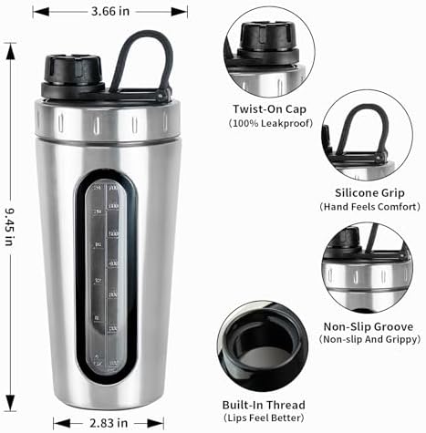 Shaker Bottles for Protein Mixes 28 oz Stainless Steel Protein Shaker with 2 Mixing Ball, Not Stays Cold/Hot, Visible Window Metal Shaker Cups, Leakproof, BPA Free Bottle Shaker