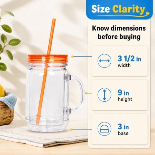 Plastic Mason Jars with Handles, Lids and Straws | 20 oz Double Insulated Tumbler with Straw | 4 Pack Set of 4 | Wide Mouth Mason Jar Mugs | Cups for Kids and Adults…