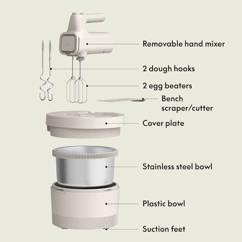 bella 3.5 Qt Hand & Stand Mixer, 2 in 1 Electric Mixer with Bowl, Dough Hook, Whisk & Egg Beater, Multifunctional Handheld Mixer for Baking, 200 Watt, Oatmilk - Image 2