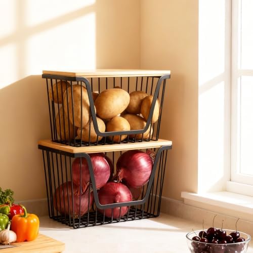 2 PACK Pantry Organizers and Storage, Stackable Onion Potato Bins