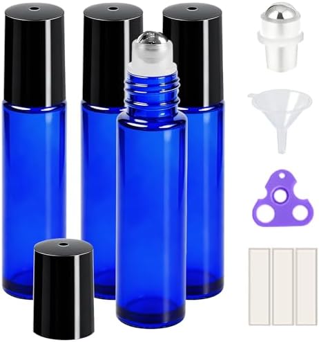 PrettyCare 10 ml 4 Pack Essential Oil Roller Bottles with Stainless Steel Roller Ball - Refillable Leak-proof Empty Thick Blue Glass Roll on Bottles with Black Caps for Travel, Perfume by PrettyCare