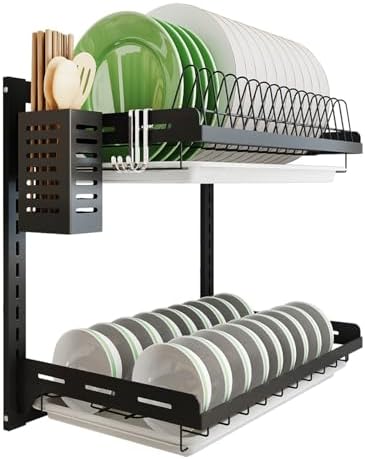 Kitchen Dish Rack,Hanging Dish Drying Rack Organizer Storage Shelf Over Sink,2 Tier Wall Mount Bowl Holder with Drain Tray and Silverware Stainless Steel Black Coating Ajustable Height