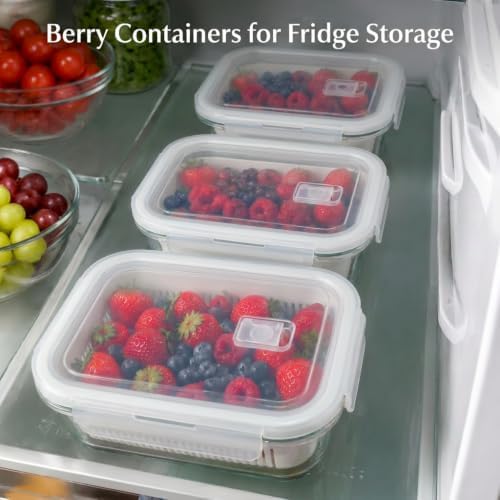 4 Pack Glass Berry storage containers for fridge with Removable Colander and Vent Valve, Fresh fruit Produce Storage Set（white）