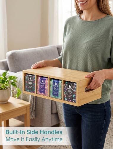 Bamboo Tea Bag Organizer with 4 Clear Acrylic Drawers and Top Tray