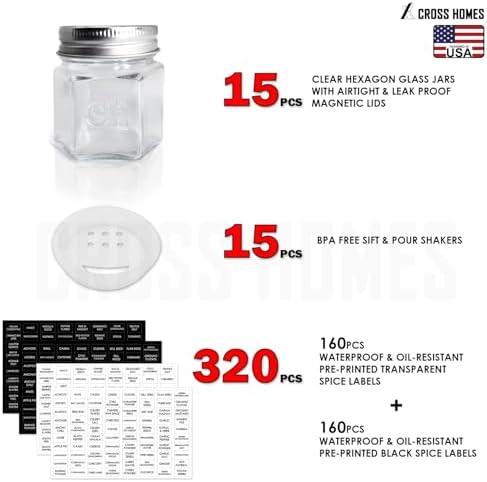 15 Pack Magnetic Spice Jars for Refrigerator Hexagon Glass Spice Jars with Magnetic Lids, Shaker, Spice Labels, Magnetic Glass Spice Containers for RV Travel Trailer Kitchen Fridge Cabinet Wall mount