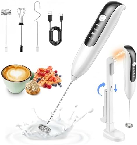 Milk Frother Handheld: LED & Wireless Charge, 3 Heads 3 Speeds -Cloud White by yidianideals