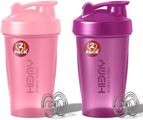 [ 2 Pack 400 ml / 12 OZ Protein Shaker Bottles for Protein Mixes, 2 x Whisk Ball | Shaker Cups for Protein Shakes | BPA Free, 100% Leak Proof, No Smell | Small Shake Bottle (H) Pink/Purple by Unknown