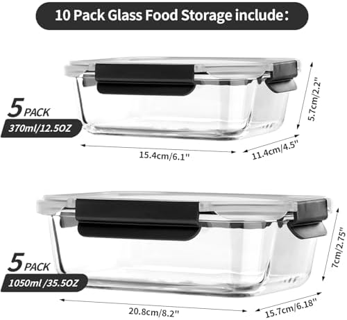 Glass Food Storage Containers with Lids Airtight, Glass Meal Prep Containers with Snap Lids for Food, Bpa-free,Easy to Open&Close/Microwave,Oven,Freezer,Dishwasher Safe/Leak-proof [10 Pack]