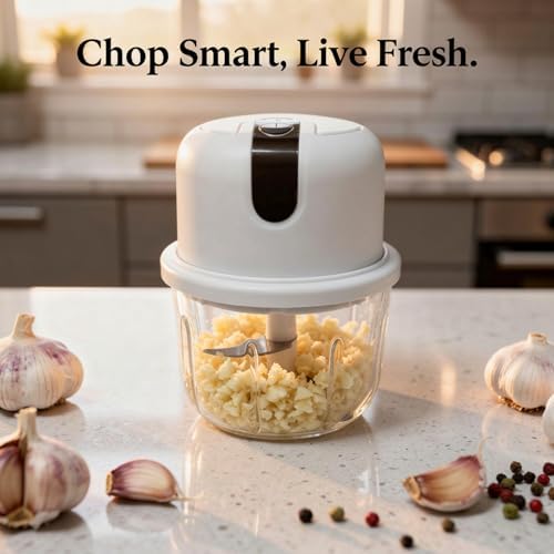 Mini Electric Garlic Chopper, 350ML Glass Bowl Food Processor, USB Rechargeable/Battery Operated Mincer with 3 Stainless Steel Blades for Garlic, Ginger, Chili, Nuts, White - Image 2