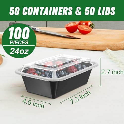 50 Pack (100-Piece) 24 oz Meal Prep Containers Reusable with Lids