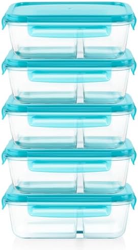 Glass Meal Box (5-Pack, 4 Cup) Divided Compartments, Locking Lids