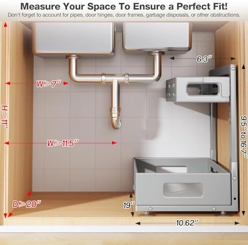 2 Pack 19IN-Depth Under Sink Organizer,Pull Out Cabinet Organizer With Smooth Cylindrical Rail,Metal Slide Out Drawer for Kitchen Bathroom Laundry,8-Level Tool Free Height Adjustable-Gun Gray