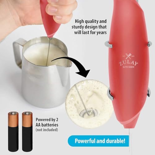 Zulay Kitchen Premium One-Touch Milk Frother for Coffee - Easy-Use Frother Handheld Foam Maker - Electric Whisk Drink Mixer for Cappuccino, Frappe, Matcha and Hot Chocolate (Cardinal Red) - Image 2