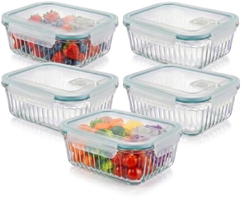 5-Packs, 36 Oz Glass Meal Prep Containers with Snap Locking Lids Glass Food Containers,Airtight Lunch Container,Microwave, Oven, Freezer and Dishwasher