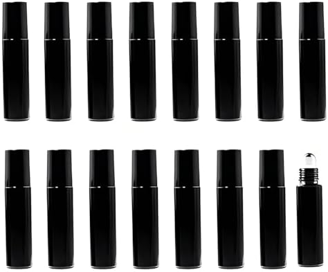 16Pcs Black Essential Oil Roller Bottles Roll On Bottles Perfume Sample Refillable Essential Oil Bottle with Stainless Steel Ball for Oils, Aromatherapy, Perfume, DIY and Blends 10ml by Doromy