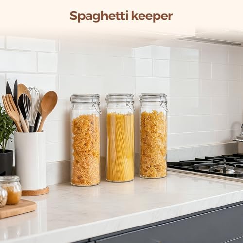 Tall Glass Pasta Containers with Airtight Lids 68 oz 3 Pack Canister