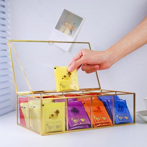 Glass Tea Bag Organizer, 8-Compartment Tea Storage Box, Gold