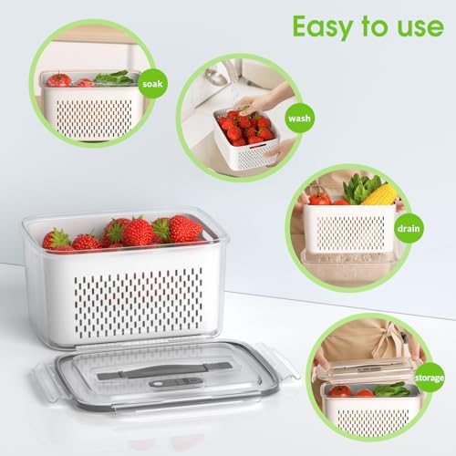 Fruit Storage Containers for Fridge with Colander, Vent, Handle Lids