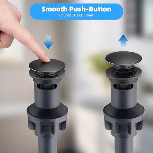 2 Pack Universal Bathroom Sink Drain Stopper, Pop Up Drain Strainer with Overflow, Push and Seal Sink Plug with Basket for Lavatory Vanity Vessel, Anti-Clogging Strainer, Matte Black