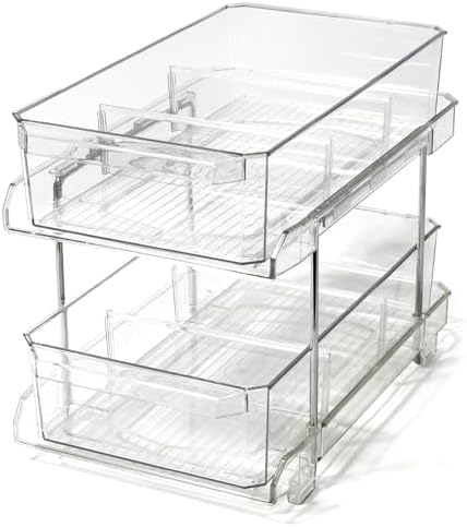 2 Tier Clear Storage Organizer with Dividers | Slide Out Drawer for Under Sink or Medicine Cabinet | Bathroom Closet, Vanity, Pantry Organizer | Under Cabinet Storage for Bathroom and Kitchen