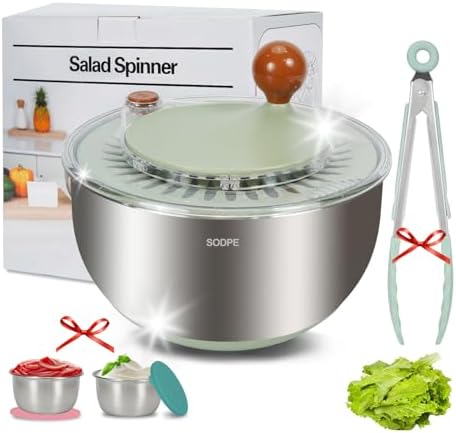Stainless Steel Salad Spinner Large, Salad Washer Spinner and Dryer, Lettuce Cleaner Spinner, Vegetable Dryer, Fruit Washer with Dipping Saucers and Clip Dishwasher Safe, 5.3Qt by SODPE