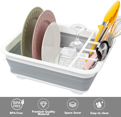 Collapsible Dish Drying Rack, Pop Up Dinnerware Drainer, Portable Plate Organizer for Kitchen RV Campers Travel Trailer, Space Saving Kitchen Storage Tray