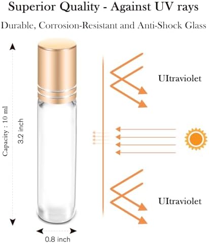 PrettyCare Set of 120, Bulk 10 ml Essential Oil Roller Bottles with Stainless Steel Roller Ball - Refillable Leak-proof Empty Thick Clear Glass Roll on Bottles with Golden Caps for Travel, Perfume - Image 3