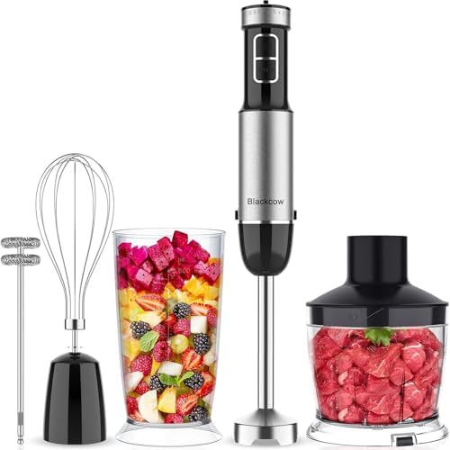 Immersion Blender Handheld for Kitchen,Emulsion Blender Handheld with Titanium Blades,12 Speed Electric Hand Mixer with BPA Free Attachments:Chopper Bowl,Whisk,Milk Frother,Measuring Cup by Blackcow