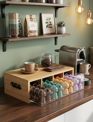 Bamboo Tea Bag Organizer with 4 Clear Acrylic Drawers and Top Tray
