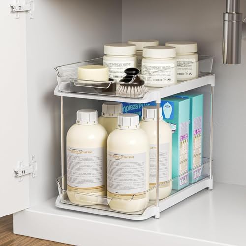 2-Tier Multi-Purpose Bathroom Under Sink Organizers and Storage, Stackable Kitchen Pantry Organization, Pull Out Medicine Cabinet Organizer with Movable Dividers, White, 1 Pack