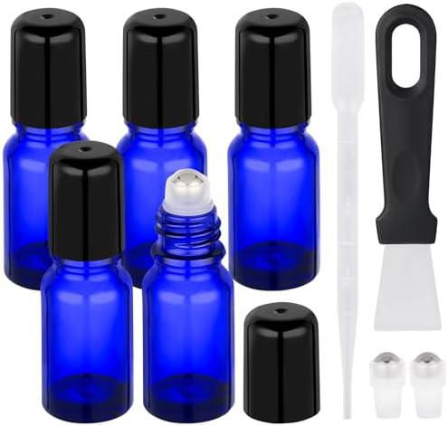 Segbeauty 0.34oz Empty Rollerball Bottles for Oil, 10ml Mini Glass Roller Bottles for Essential Oils, 5pcs Blue Travel Size Roller Ball Applicator Container, Small Travel Perfume Bottle Refillable by Segbeauty
