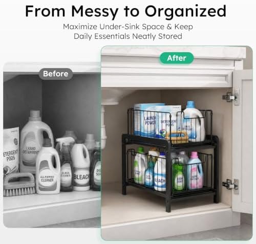 2 Tier Black Under Sink Organzier With Sliding Drawer