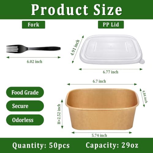 50 Pack 29oz Disposable Meal Prep Containers with Lids and Forks, Microwave and Freezer Safe Kraft Paper Bowls for Salad Noodles, Take Out Containers for Hot/Cold Food
