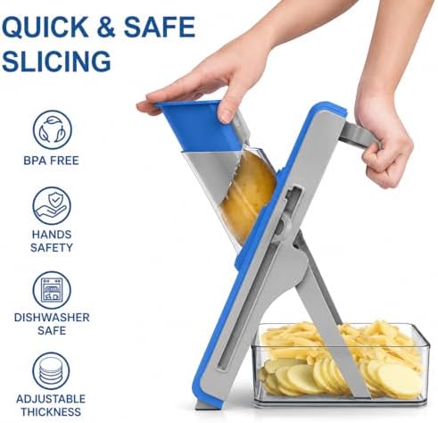 Eletronova Safe Mandoline Slicer for Kitchen, Vegetable Slicer with Container, French Fry Cutter, All in 1 Julienne Slicer for Potato, Thickness Adjustable, Detachable Blade (Dark blue) - Image 3