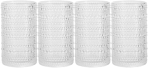 Hobnail Drinking Glasses, Set of 4 Clear Vintage Beaded Glass Cups, 15 Oz. Cocktail Drinking Glassware Set, For Water Juice, Smoothies. Home, Dinner, Bar uses.